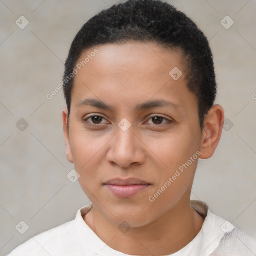 Joyful latino young-adult female with short  brown hair and brown eyes