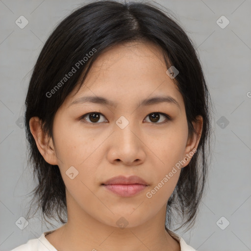 Neutral asian young-adult female with medium  brown hair and brown eyes