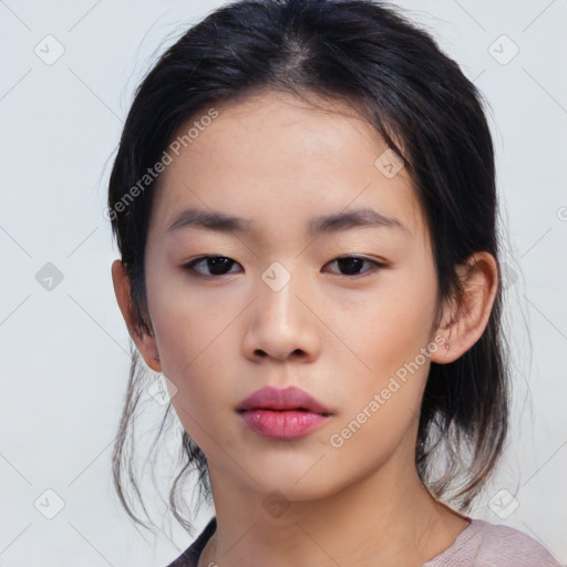 Neutral asian young-adult female with medium  black hair and brown eyes