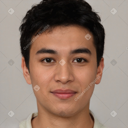 Joyful latino young-adult male with short  brown hair and brown eyes