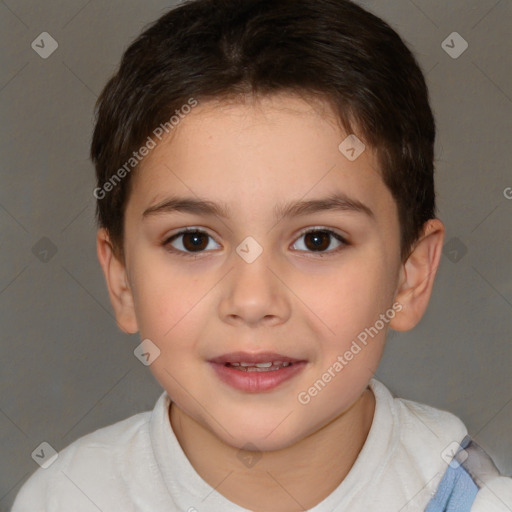 Joyful white child female with short  brown hair and brown eyes