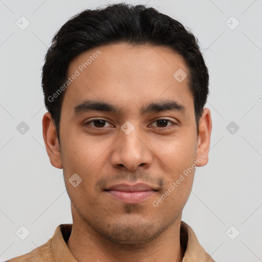 Neutral latino young-adult male with short  black hair and brown eyes