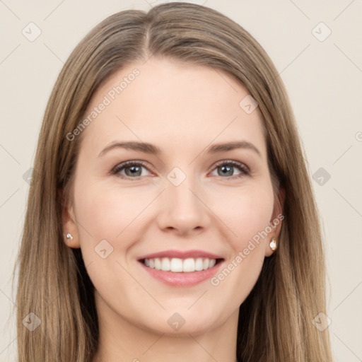 Joyful white young-adult female with long  brown hair and grey eyes