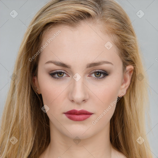 Neutral white young-adult female with long  brown hair and brown eyes