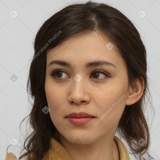 Neutral white young-adult female with medium  brown hair and brown eyes