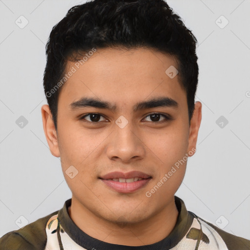 Joyful latino young-adult male with short  black hair and brown eyes