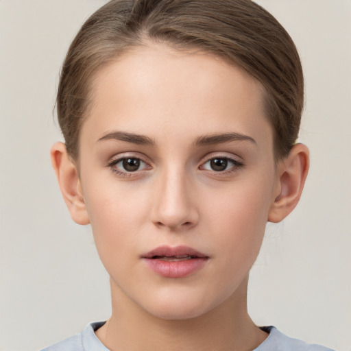 Neutral white young-adult female with short  brown hair and brown eyes