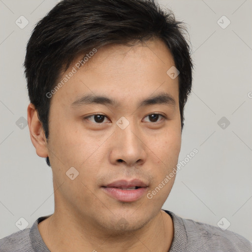 Neutral asian young-adult male with short  black hair and brown eyes