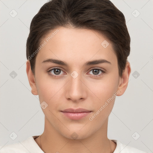 Neutral white young-adult female with short  brown hair and brown eyes