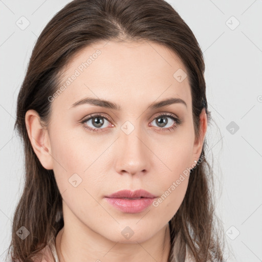 Neutral white young-adult female with medium  brown hair and grey eyes