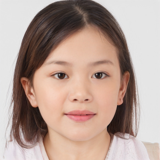 Joyful white child female with medium  brown hair and brown eyes