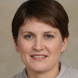 Joyful white adult female with short  brown hair and grey eyes