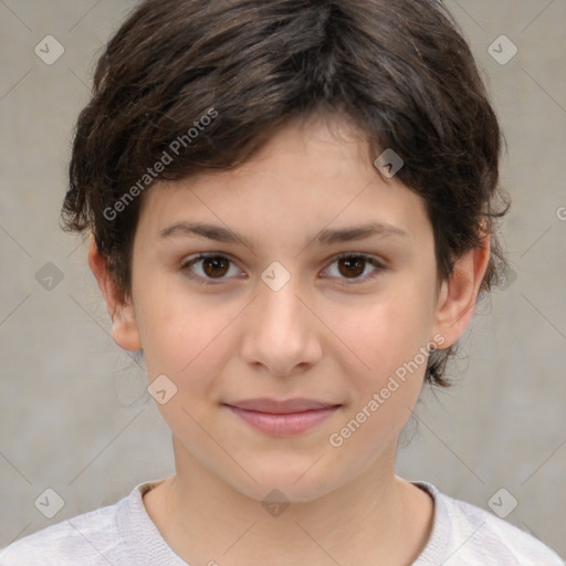 Joyful white child female with medium  brown hair and brown eyes