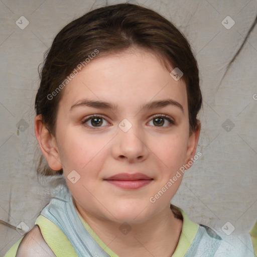 Joyful white child female with short  brown hair and brown eyes