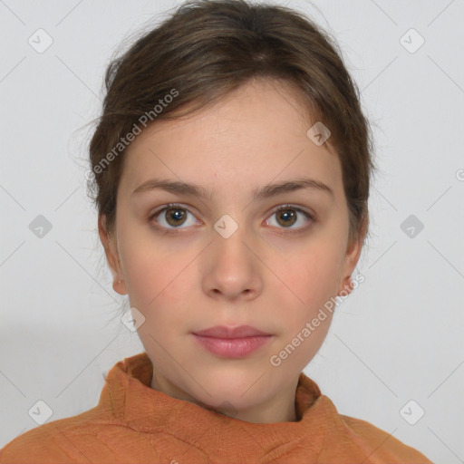 Neutral white young-adult female with medium  brown hair and brown eyes