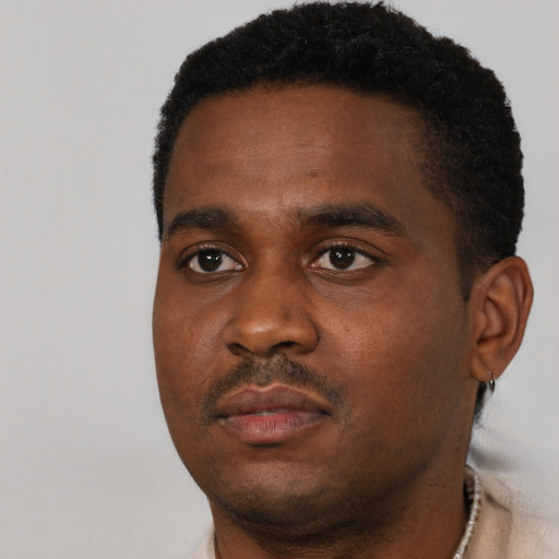 Neutral black young-adult male with short  black hair and brown eyes