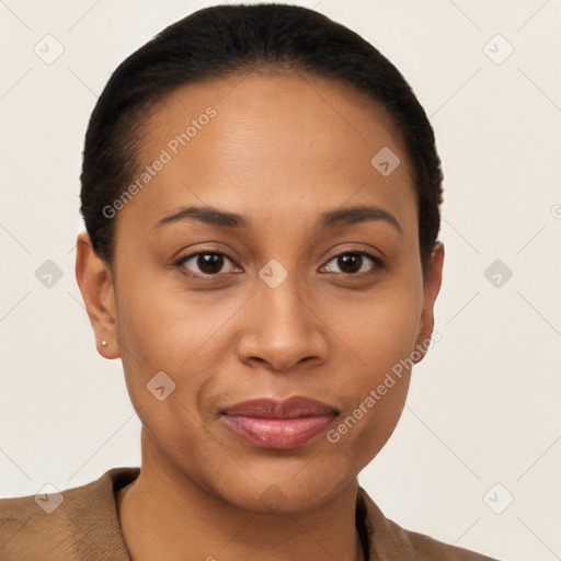 Joyful latino young-adult female with short  brown hair and brown eyes