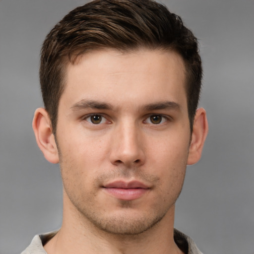 Neutral white young-adult male with short  brown hair and brown eyes