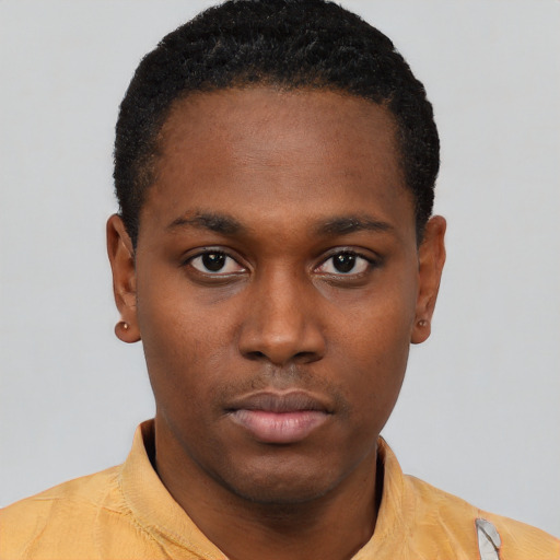 Neutral black young-adult male with short  black hair and brown eyes