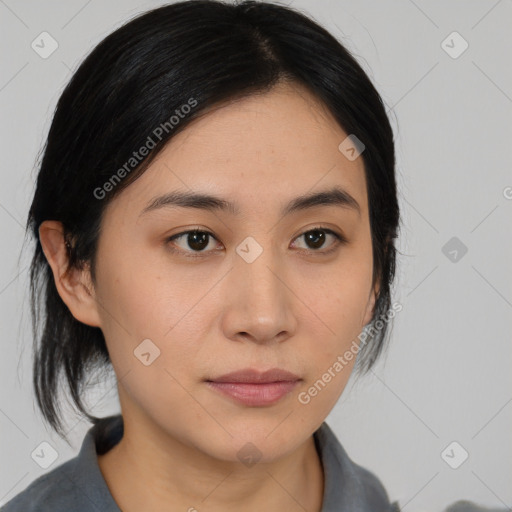 Neutral asian young-adult female with medium  brown hair and brown eyes