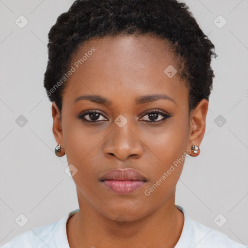 Neutral black young-adult female with short  black hair and brown eyes