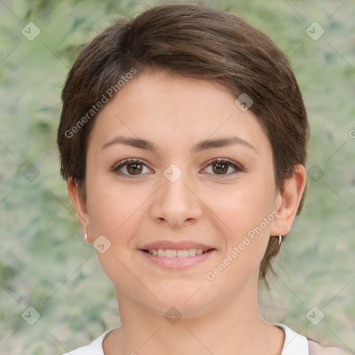 Joyful white young-adult female with medium  brown hair and brown eyes