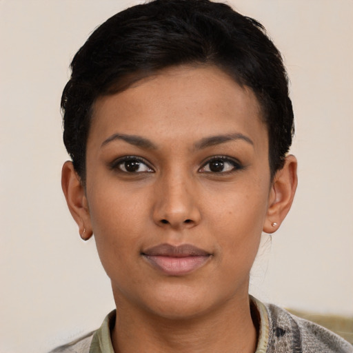 Neutral latino young-adult female with short  brown hair and brown eyes