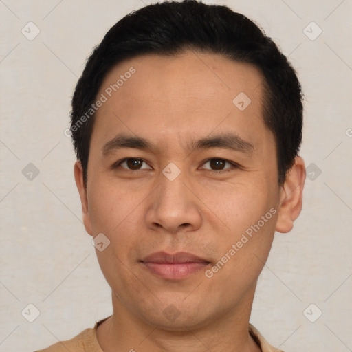 Neutral asian young-adult male with short  black hair and brown eyes