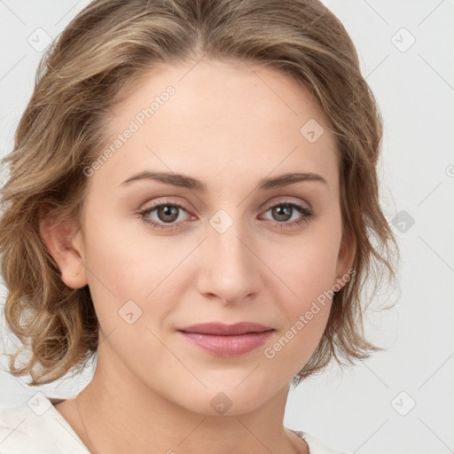 Joyful white young-adult female with medium  brown hair and green eyes