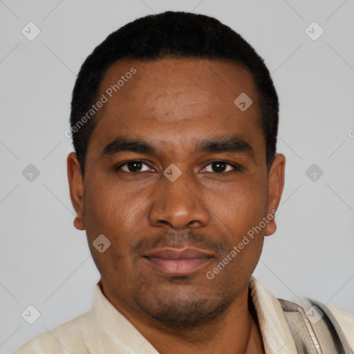Neutral black young-adult male with short  black hair and brown eyes