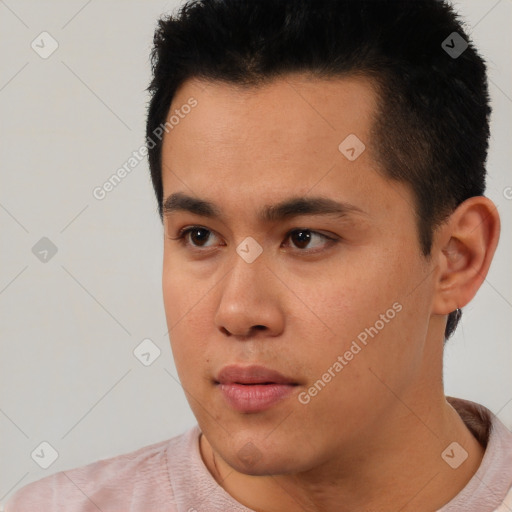 Neutral latino young-adult male with short  black hair and brown eyes