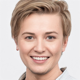 Joyful white young-adult female with short  brown hair and grey eyes