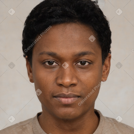 Neutral black young-adult female with short  black hair and brown eyes