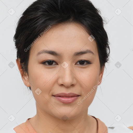 Joyful asian young-adult female with short  brown hair and brown eyes