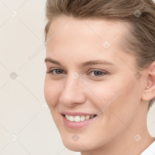 Joyful white young-adult female with short  brown hair and brown eyes