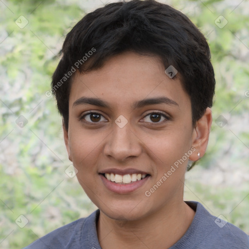 Joyful latino young-adult female with short  brown hair and brown eyes