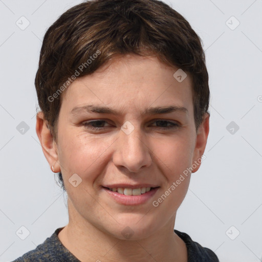 Joyful white young-adult female with short  brown hair and grey eyes