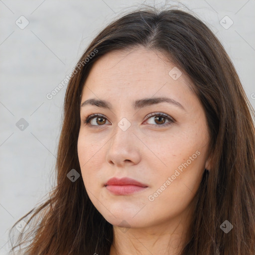 Neutral white young-adult female with long  brown hair and brown eyes