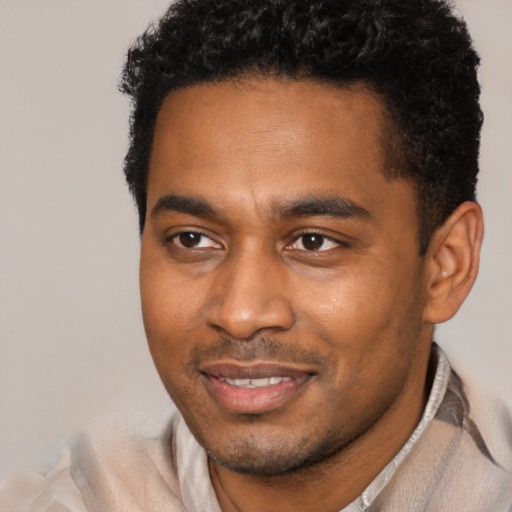 Joyful black young-adult male with short  black hair and brown eyes