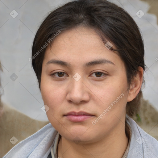 Neutral white young-adult female with medium  brown hair and brown eyes