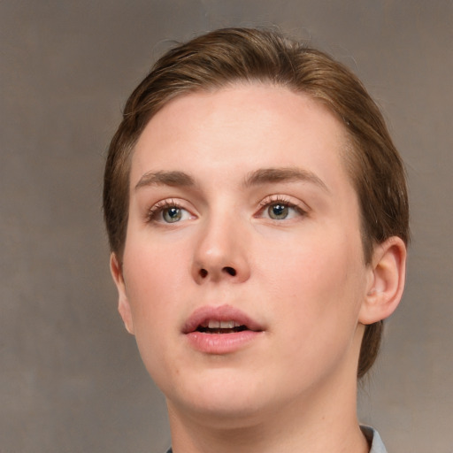 Neutral white young-adult female with medium  brown hair and grey eyes