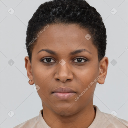 Neutral black young-adult female with short  brown hair and brown eyes