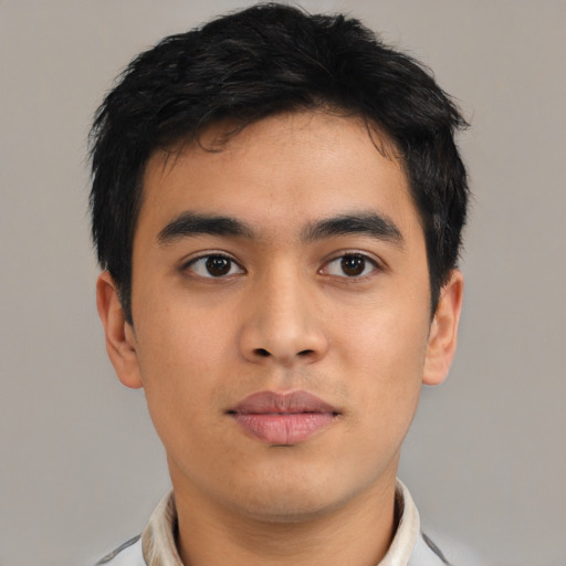 Neutral asian young-adult male with short  brown hair and brown eyes