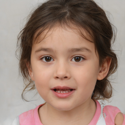 Joyful white child female with medium  brown hair and brown eyes