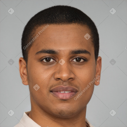 Joyful latino young-adult male with short  brown hair and brown eyes