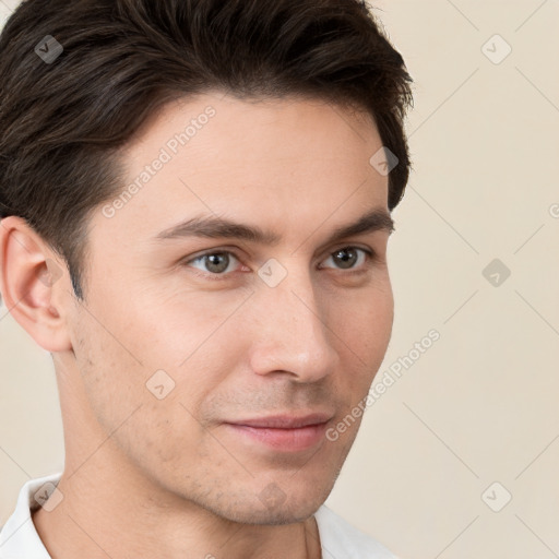 Neutral white young-adult male with short  brown hair and brown eyes