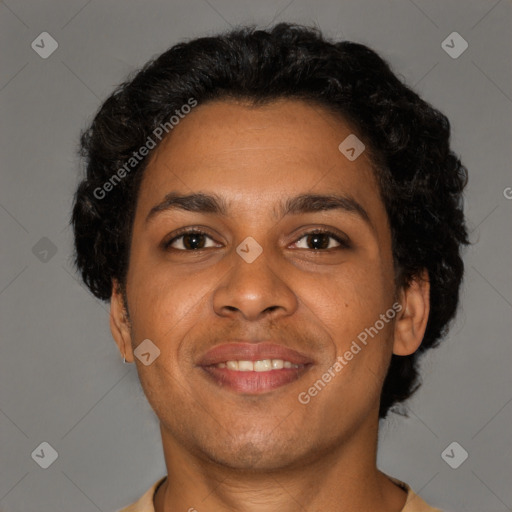 Joyful black young-adult male with short  brown hair and brown eyes