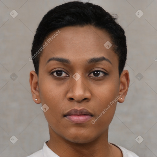 Neutral black young-adult female with short  black hair and brown eyes