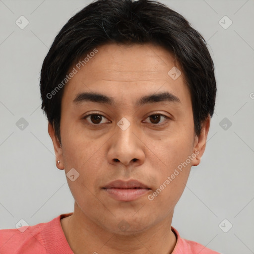 Neutral asian young-adult male with short  black hair and brown eyes