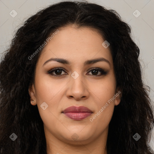 Joyful latino young-adult female with long  brown hair and brown eyes